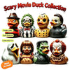 A collection of scary movie duck resin figurines featuring various expressions and textures for spooky decor.