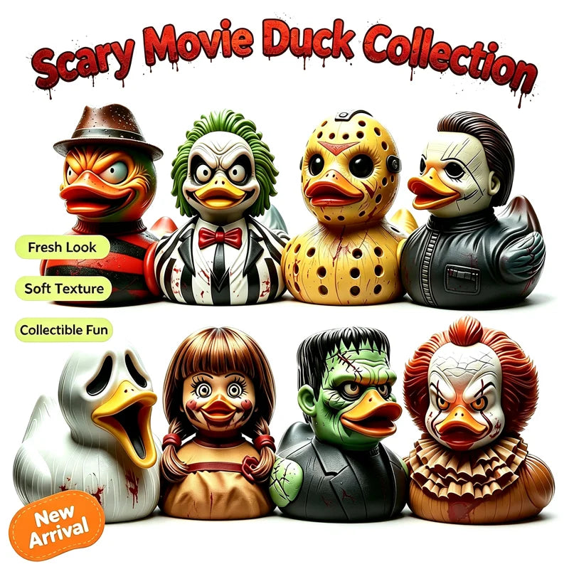A collection of scary movie duck resin figurines featuring various expressions and textures for spooky decor.