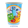 A plastic cup featuring colorful cartoon characters and building blocks for a birthday party decoration set.
