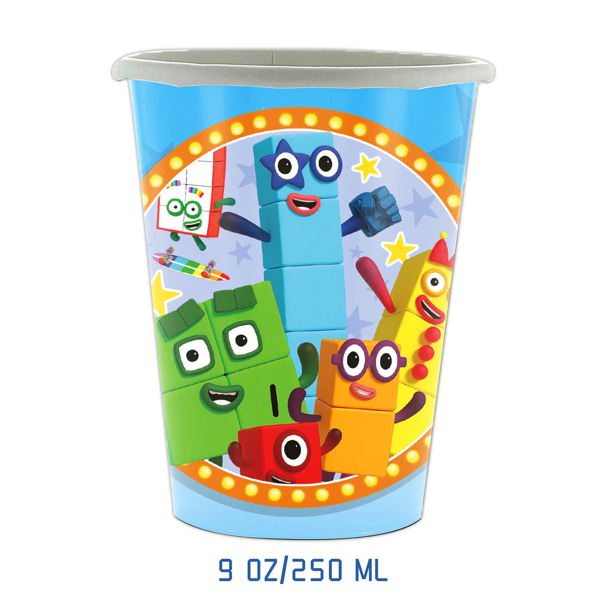 A plastic cup featuring colorful cartoon characters and building blocks for a birthday party decoration set.