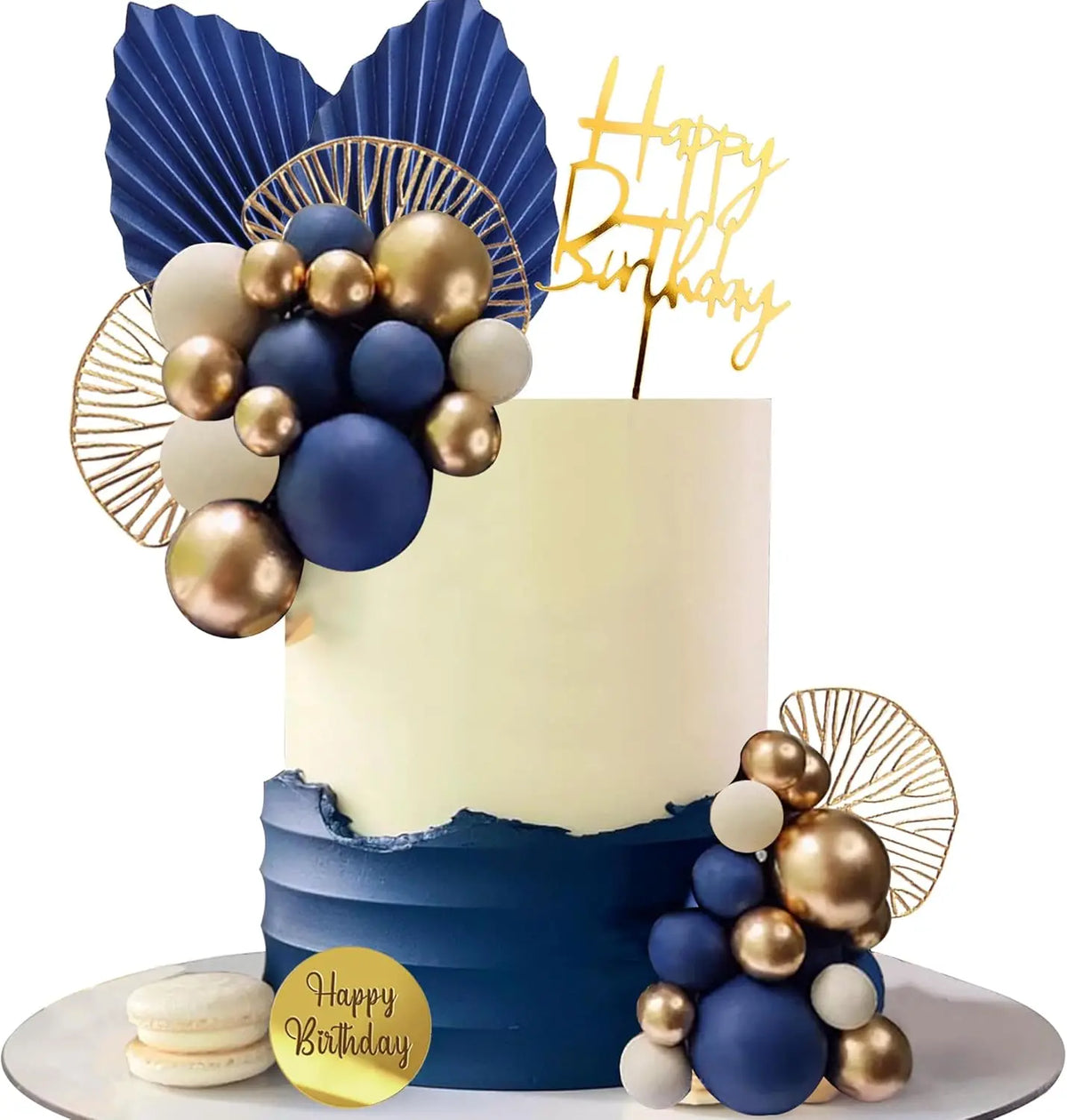 A tiered cake decorated with blue and gold spherical balloons and feather toppers on a white background.
