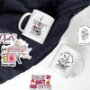 A white ceramic mug featuring a fantasy reader design is placed on a dark gray fabric.