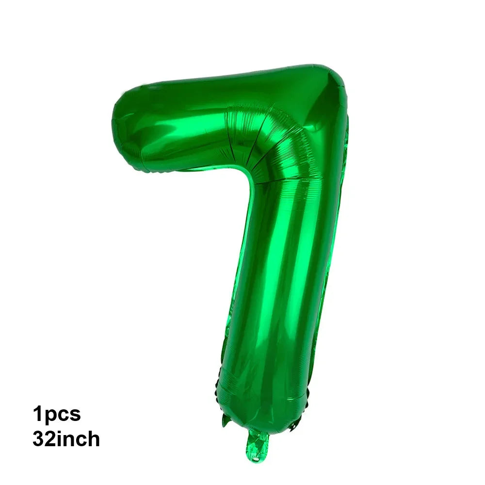 A single, shiny green latex balloon shaped like the number 7, measuring 32 inches.