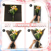 Step-by-step guide showing how to DIY wrap a bouquet of flowers using decorative wrapping paper.