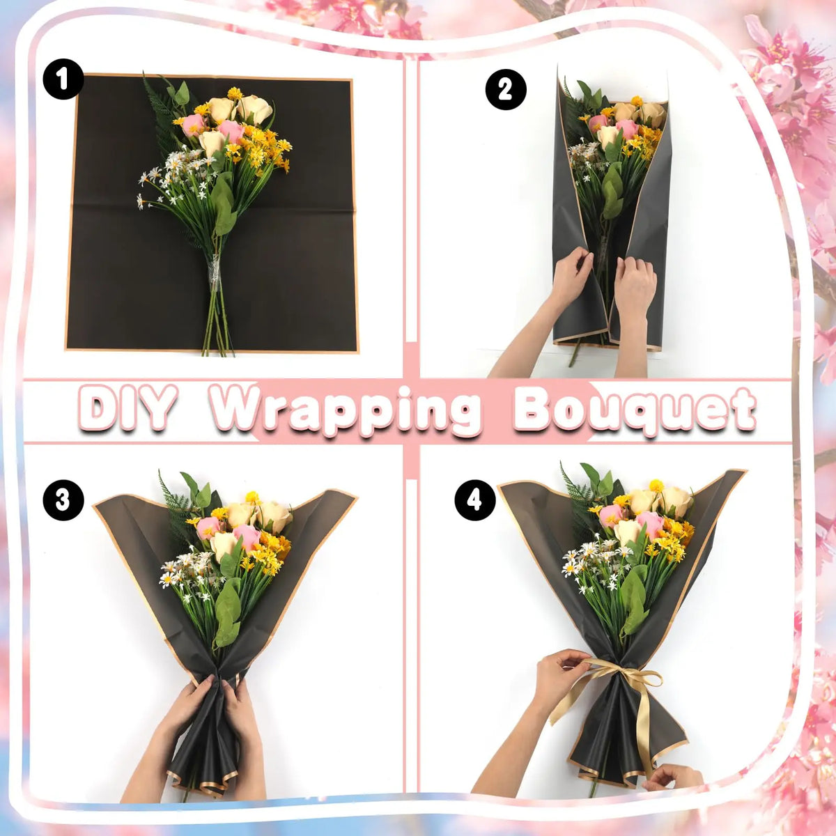 Step-by-step guide showing how to DIY wrap a bouquet of flowers using decorative wrapping paper.