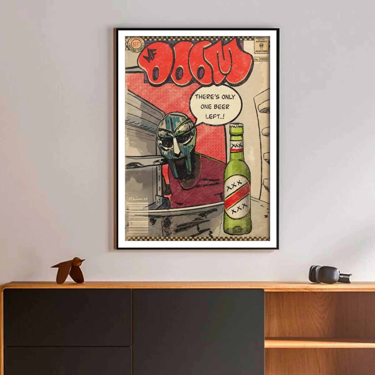 A vintage-style canvas art poster featuring a stylized portrait of MF DOOM with text that reads There's only one beer left.