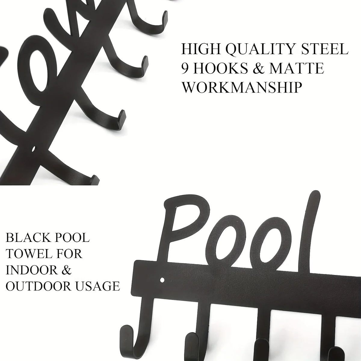 Crochets muraux en acier noir et serviette de piscine noire pour usage intérieur et extérieur