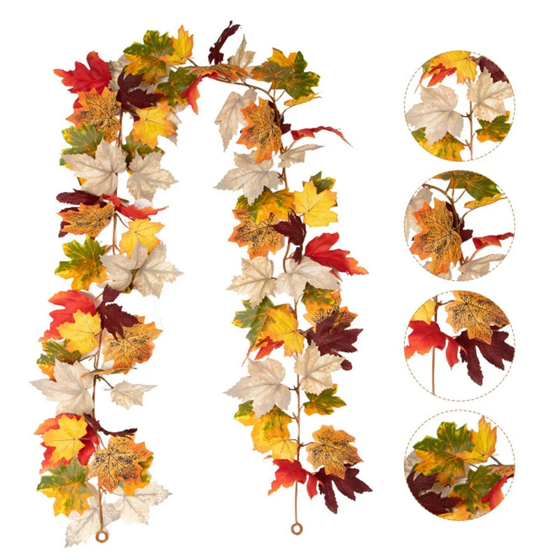 Artificial maple leaf garland featuring autumn colors like red, yellow, and brown leaves.