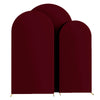 A set of three deep burgundy spandex fitted wedding arch covers displayed vertically.