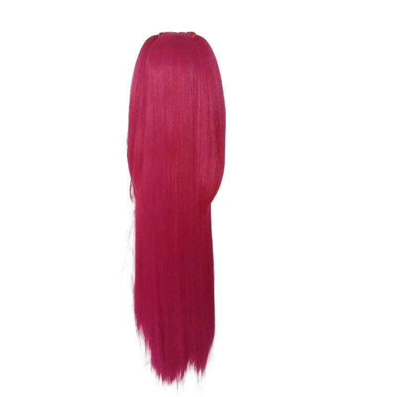 A long, straight, vibrant magenta braid wig with a side ponytail for cosplay and parties.