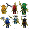 A collection of golden ninja building block figures in various colors and poses.