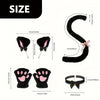 Black faux fur cat paw gloves with pink accents and a decorative headband shown in various sizes.