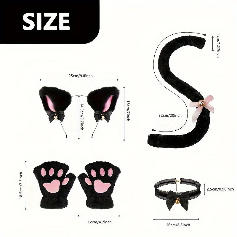 Black faux fur cat paw gloves with pink accents and a decorative headband shown in various sizes.