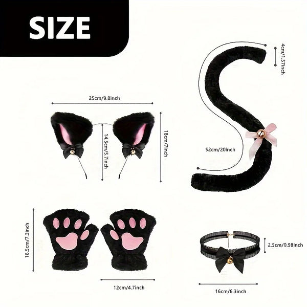 Black faux fur cat paw gloves with pink accents and a decorative headband shown in various sizes.