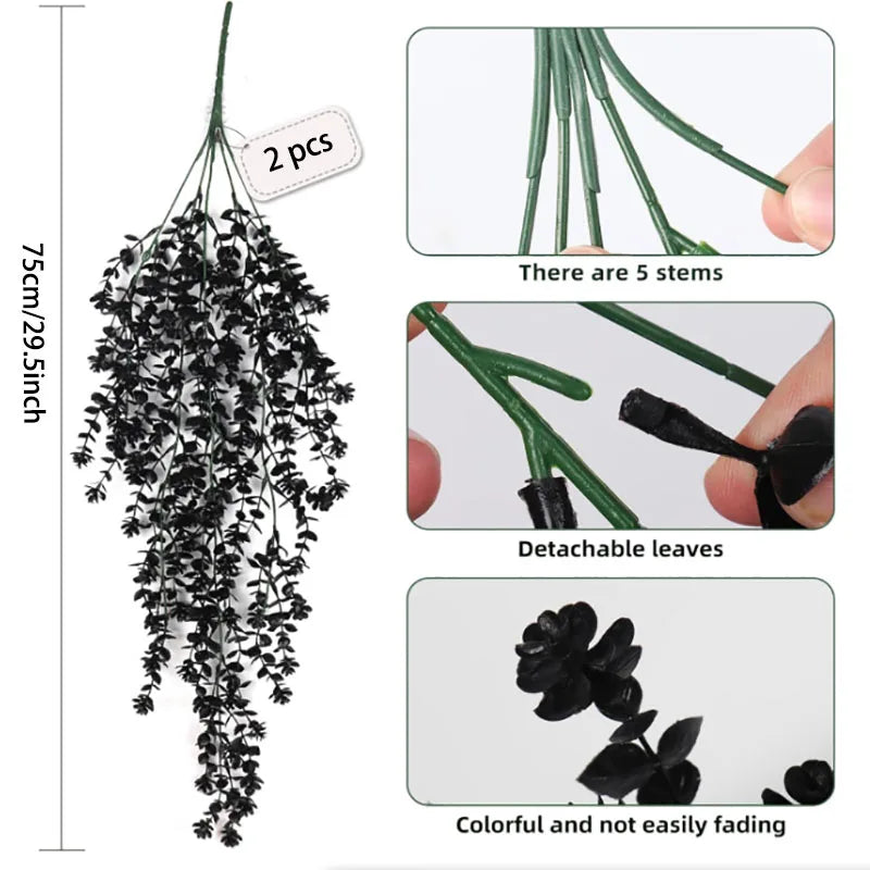 A long, hanging artificial black vine plant with five stems and detachable leaves.