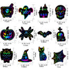 A set of Halloween themed scratch art cards featuring pumpkins, skulls, bats, witches, and cats.