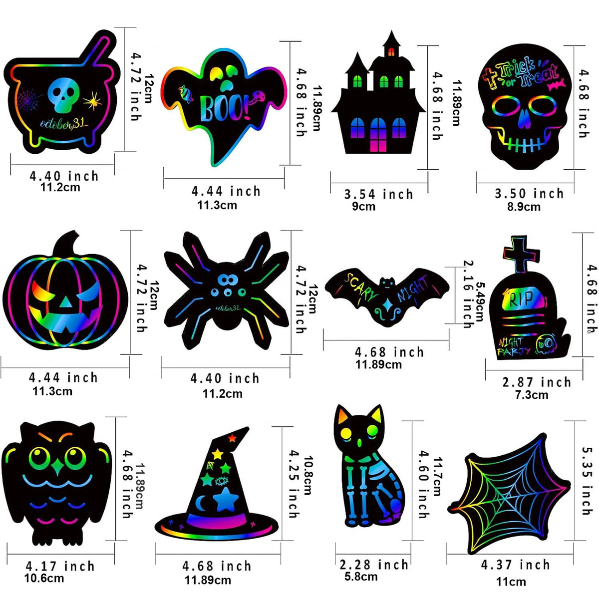 A set of Halloween themed scratch art cards featuring pumpkins, skulls, bats, witches, and cats.