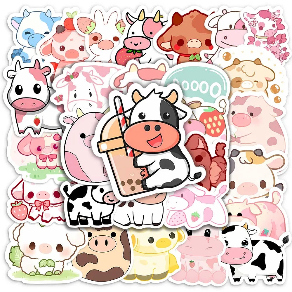 A collection of cute pink and white cow cartoon decals for DIY decoration