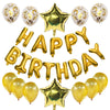 A collection of rose gold foil letter balloons and star-shaped balloons for birthday parties