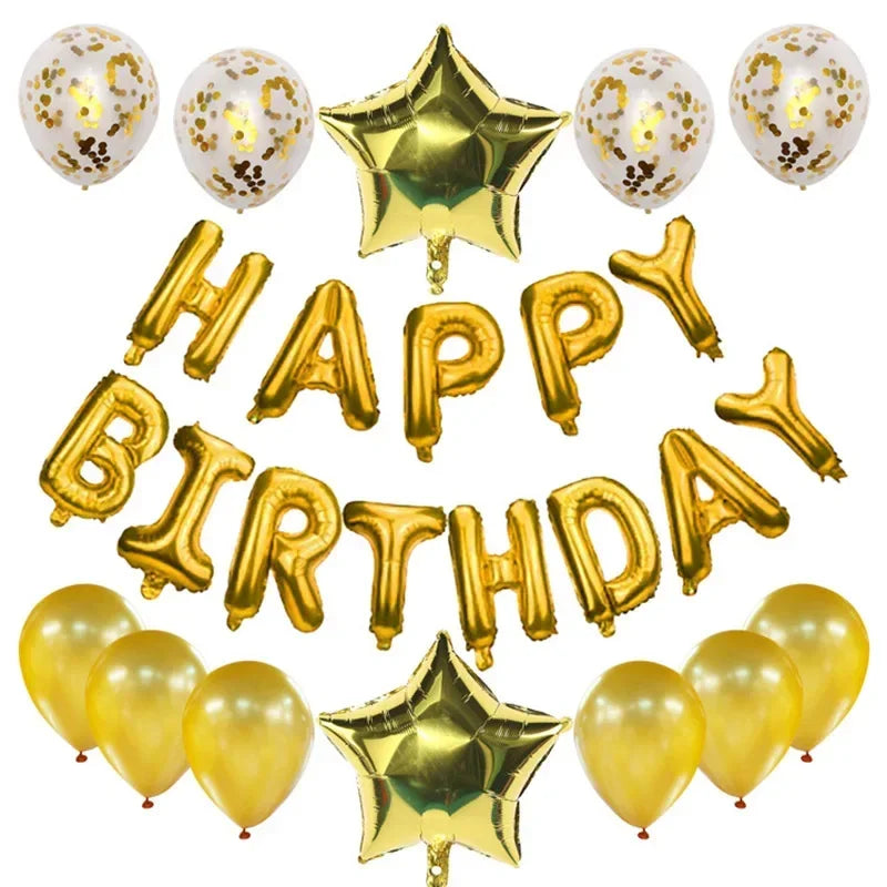 A collection of rose gold foil letter balloons and star-shaped balloons for birthday parties