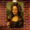 A painting of a woman with curly hair and a wreath of corks, holding a glass of red wine.