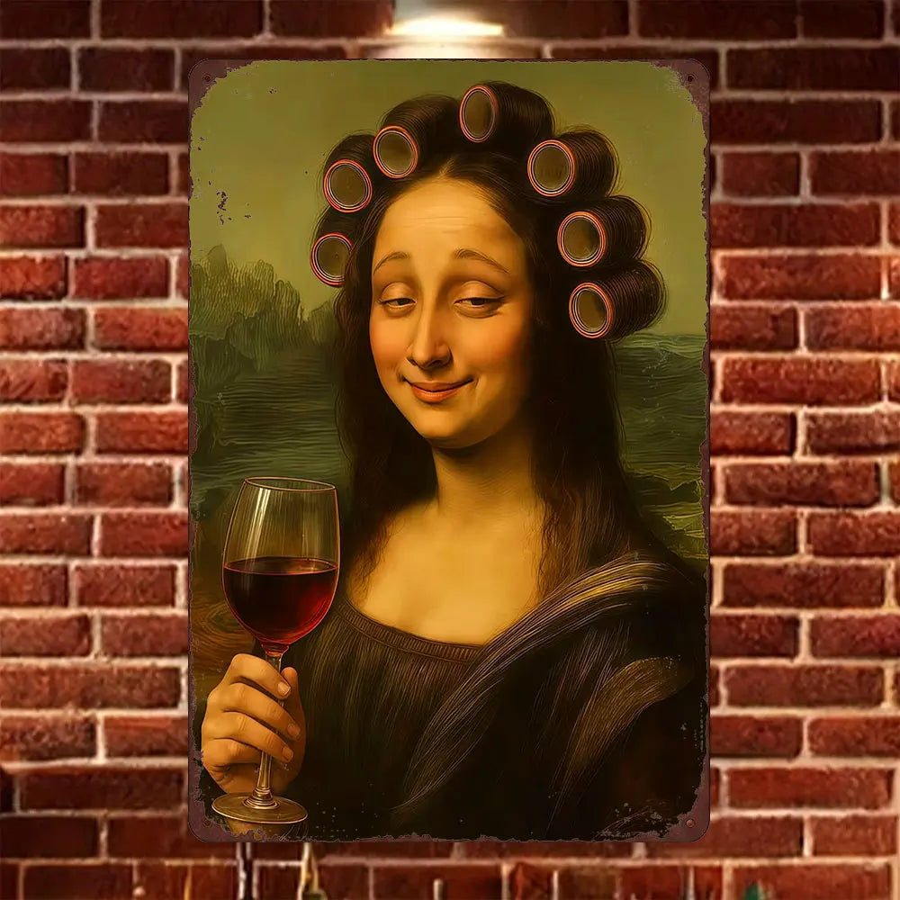 A painting of a woman with curly hair and a wreath of corks, holding a glass of red wine.
