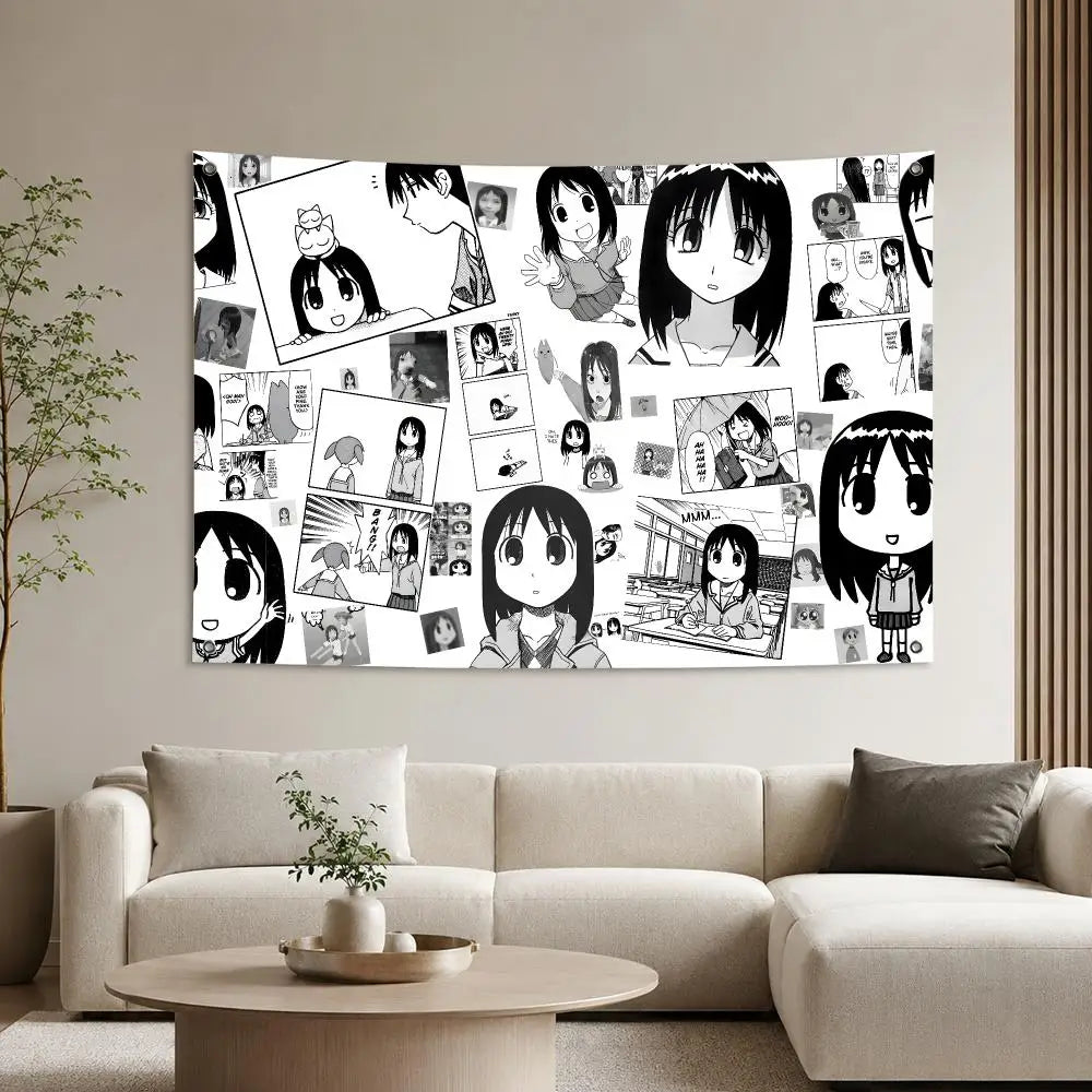 A vibrant wall tapestry featuring various characters from the Azumanga Daioh anime series.