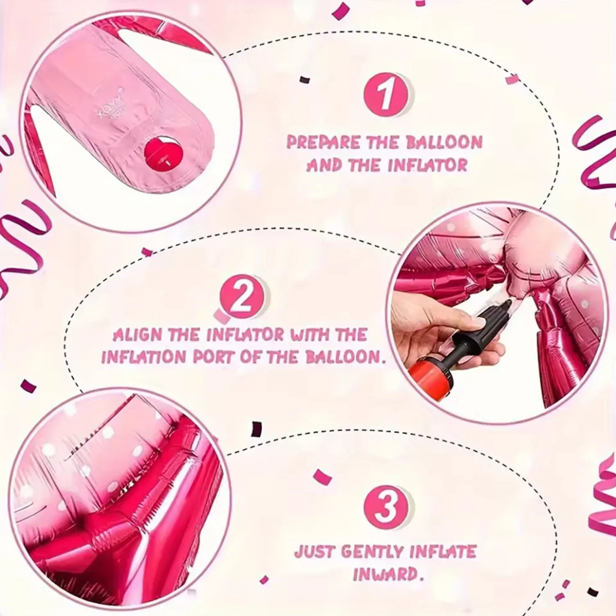 Instructions for inflating pink bow balloons, showing steps to prepare the balloon and inflate it gently inward.