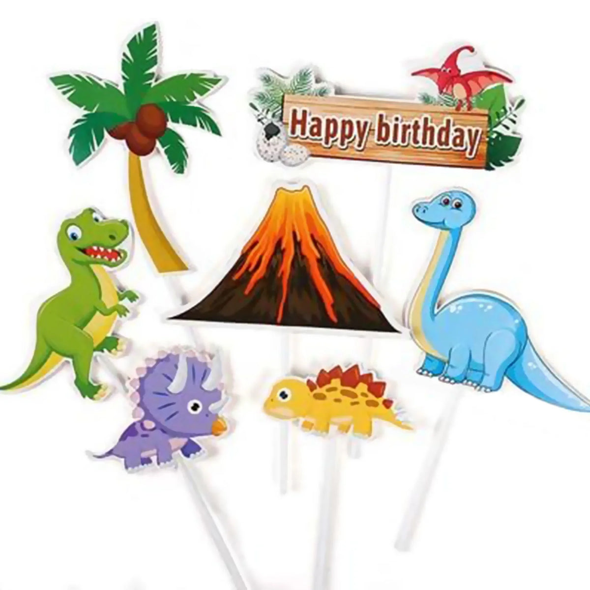 Kit de decoración para fiesta de dinosaurios con palmera, letrero de volcán y recortes de dinosaurios.