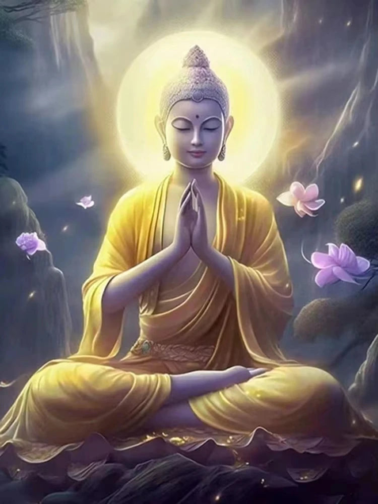 A golden Buddha statue with a glowing halo seated in meditation, surrounded by soft light and lotus flowers.