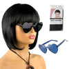A black bob wig with bangs is displayed next to a package of weaving cap and a pair of blue sunglasses.