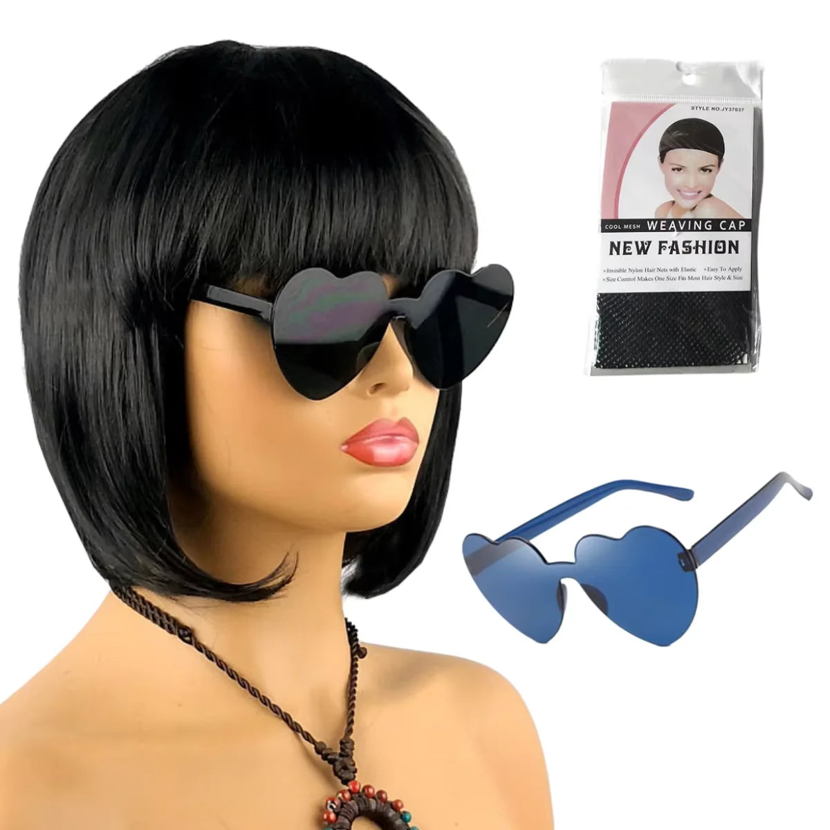 A black bob wig with bangs is displayed next to a package of weaving cap and a pair of blue sunglasses.