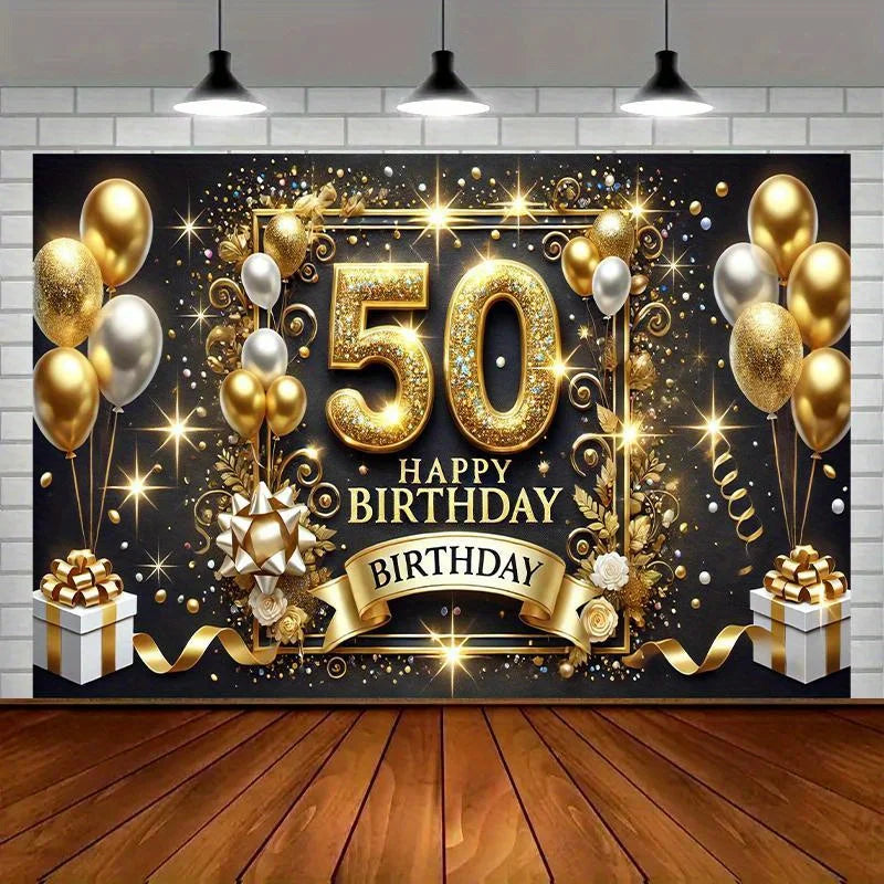 A large banner featuring gold and black balloons, sparkling elements, and the text Happy Birthday 50th.