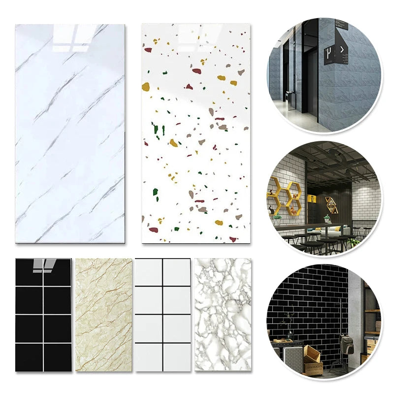 A collection of marble wall decals featuring white, gold, and green veining patterns for kitchen and bathroom decor.