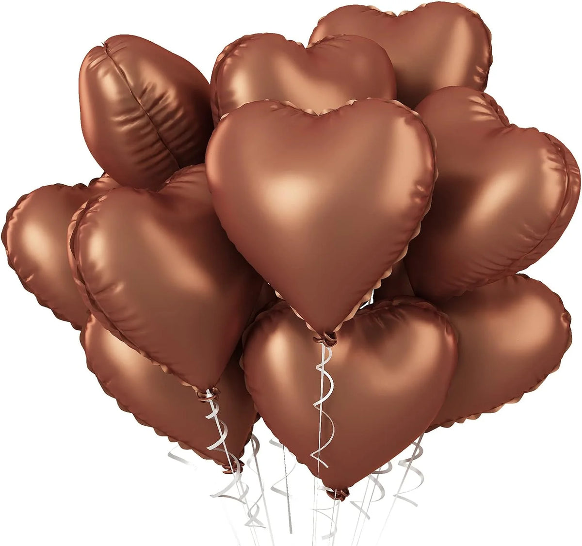 A cluster of shiny bronze heart-shaped foil balloons tied together, ready for parties and celebrations.