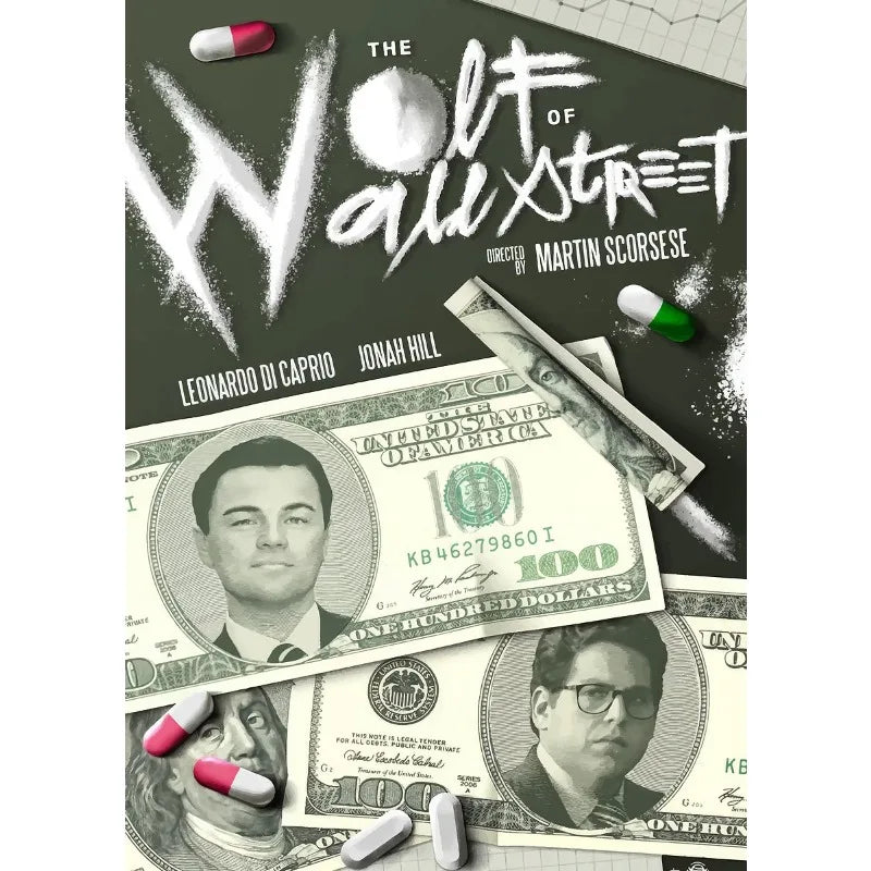A canvas print featuring a collage of money, documents, and a portrait, with several pills scattered around.