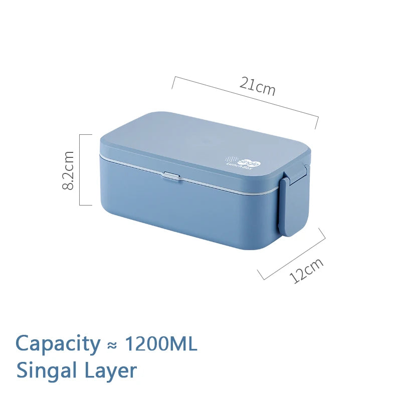 Light blue rectangular lunch box with a lid and a handle, measuring 21cm long and 8.2cm high.