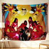 Bold wall art featuring a vibrant, stylized depiction of a skull and several women in red against a yellow background.