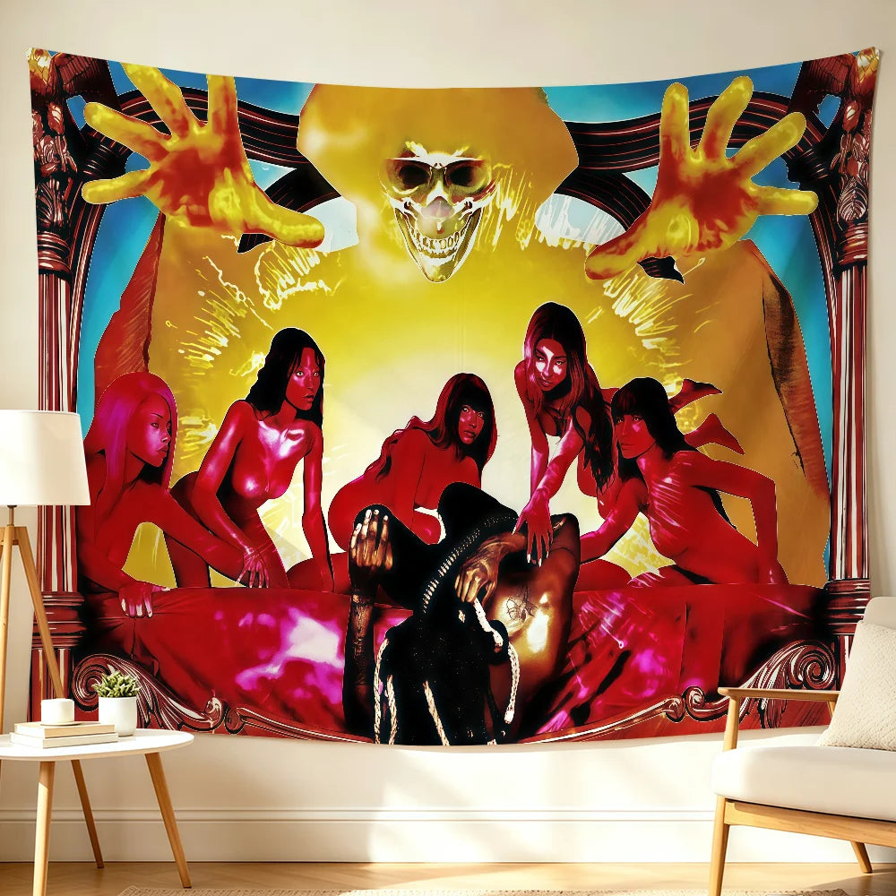 Bold wall art featuring a vibrant, stylized depiction of a skull and several women in red against a yellow background.