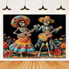 A vibrant Day of the Dead fiesta photo backdrop featuring two skeletons dressed in colorful floral attire and traditional Mex