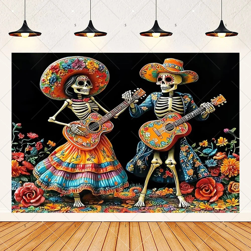 A vibrant Day of the Dead fiesta photo backdrop featuring two skeletons dressed in colorful floral attire and traditional Mex