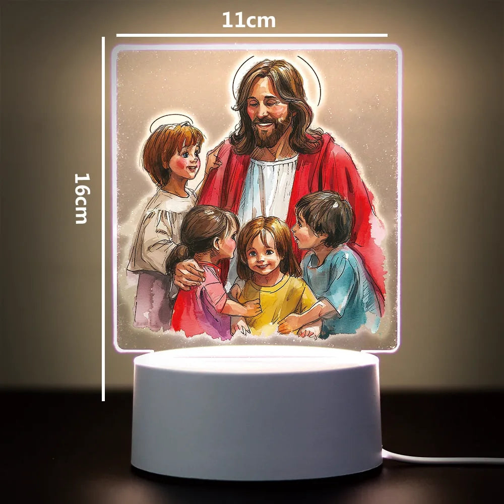 A 3D LED night light featuring Jesus and children, displayed on a white base.