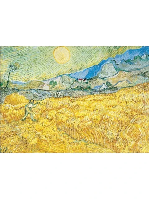 A yellow field under a bright sky with rolling hills and distant mountains.
