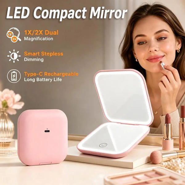 A pink portable folding LED makeup mirror with a light-colored case is shown next to a woman applying makeup.