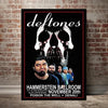 A black and white poster featuring a skull and band members for a Deftones concert event.
