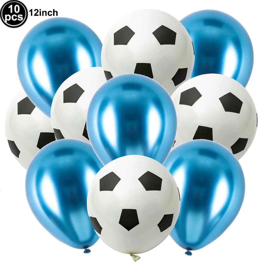 A pack of ten black and white soccer ball shaped balloons for party decorations