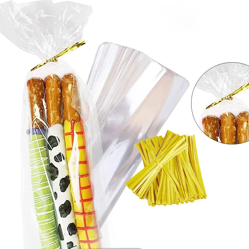 Clear cellophane treat bags filled with yellow pasta and tied with wire