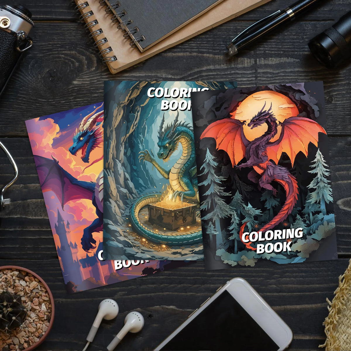 Un set de dessins et de coloriage pour enfants sur le thème du dragon et coloré, posé sur une surface en bois foncé.
