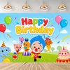 A colorful cartoon animal party decoration set featuring elephants, pigs, lions, and balloons.