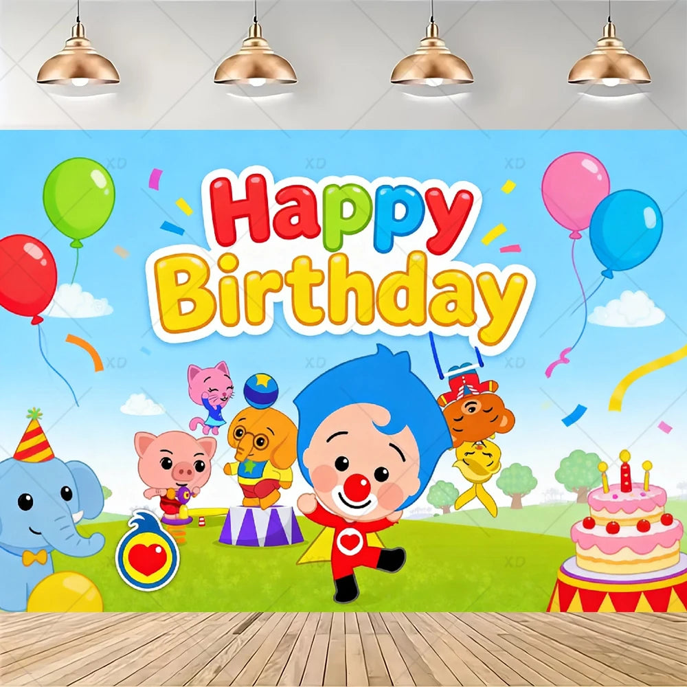 A colorful cartoon animal party decoration set featuring elephants, pigs, lions, and balloons.